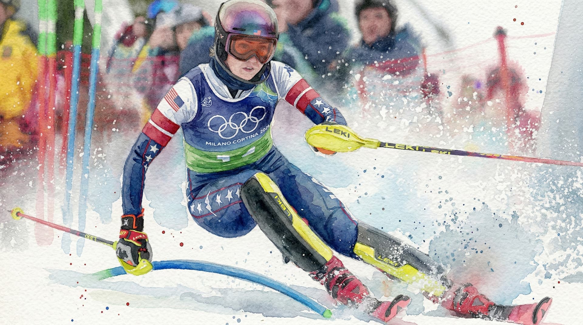 Mikaela Shiffrin racing at the Milano Cortina 2026 Winter Olympics wearing a Longines Spirit watch
