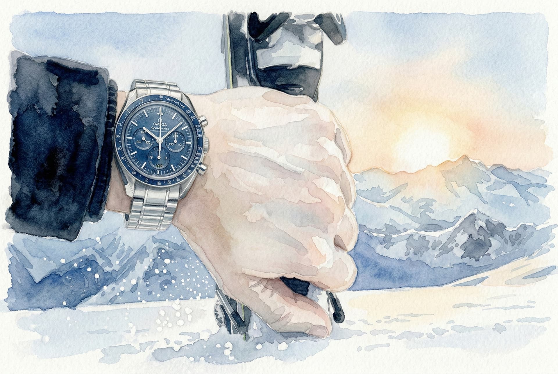 Omega Speedmaster 38mm Milano Cortina 2026 edition on a wrist against snowy alpine peaks
