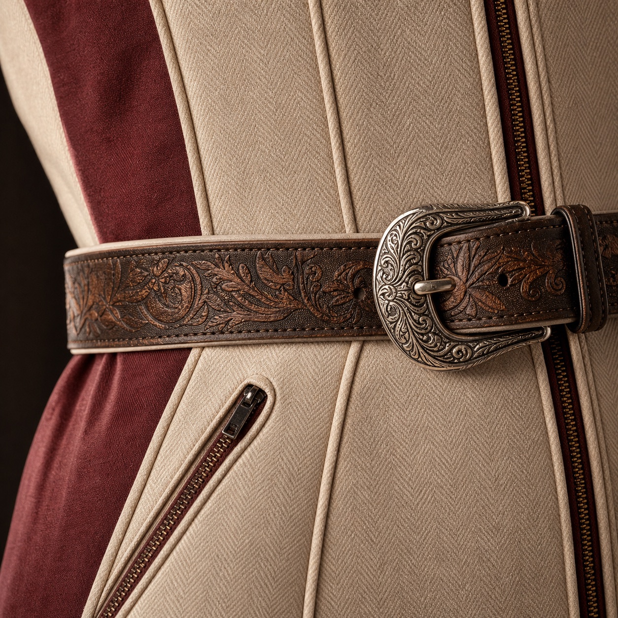 Tooled leather belt and oxblood side panel on Ski 01