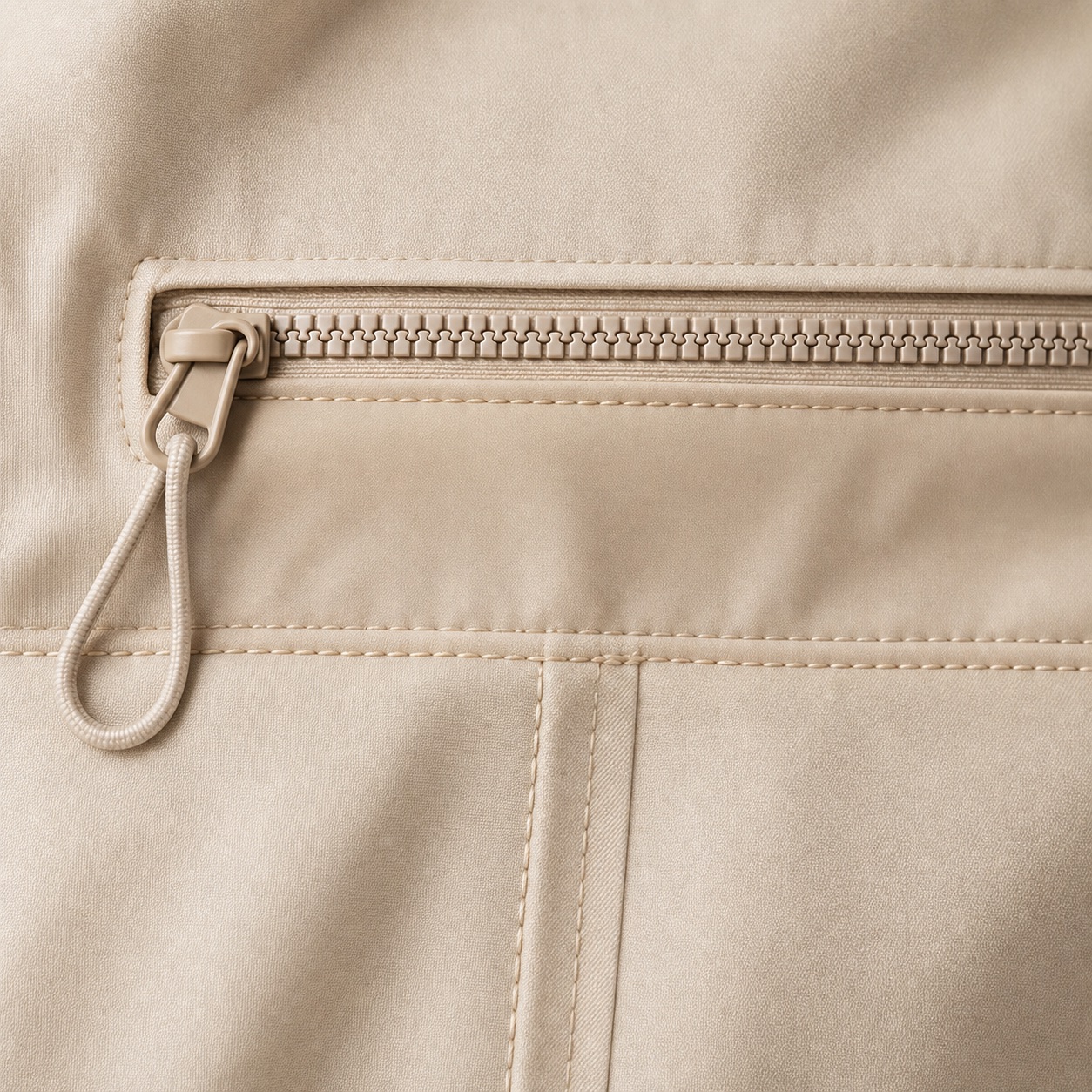 Cream weather-sealed zipper and seam detail